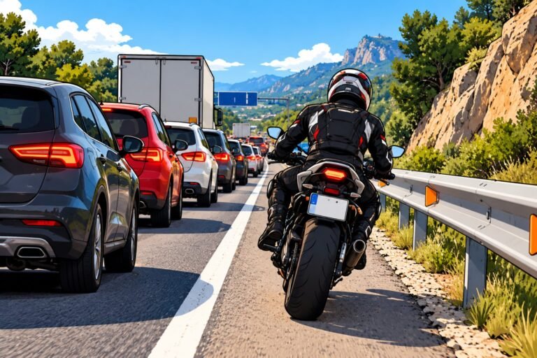 Motorista circulando por el arcén junto a un atasco en una autovía