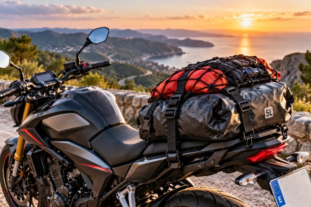 Moto naked con una bolsa impermeable y una red elástica sujetas con cinchas al asiento trasero, en un mirador al atardecer