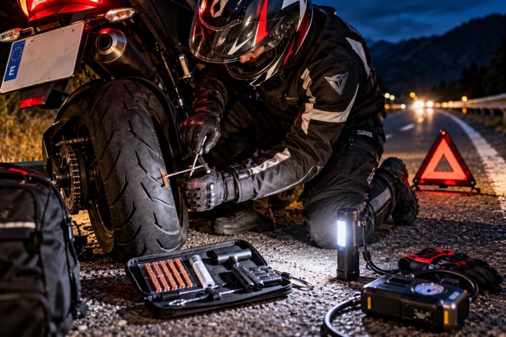 Motorista reparando un pinchazo de noche en el arcén con un kit de mechas, una linterna LED y un compresor