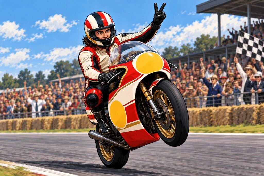 Ilustración de Barry Sheene haciendo la V sobre su moto en un circuito