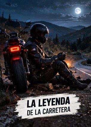 Motorista sentado junto a su moto en una carretera de noche