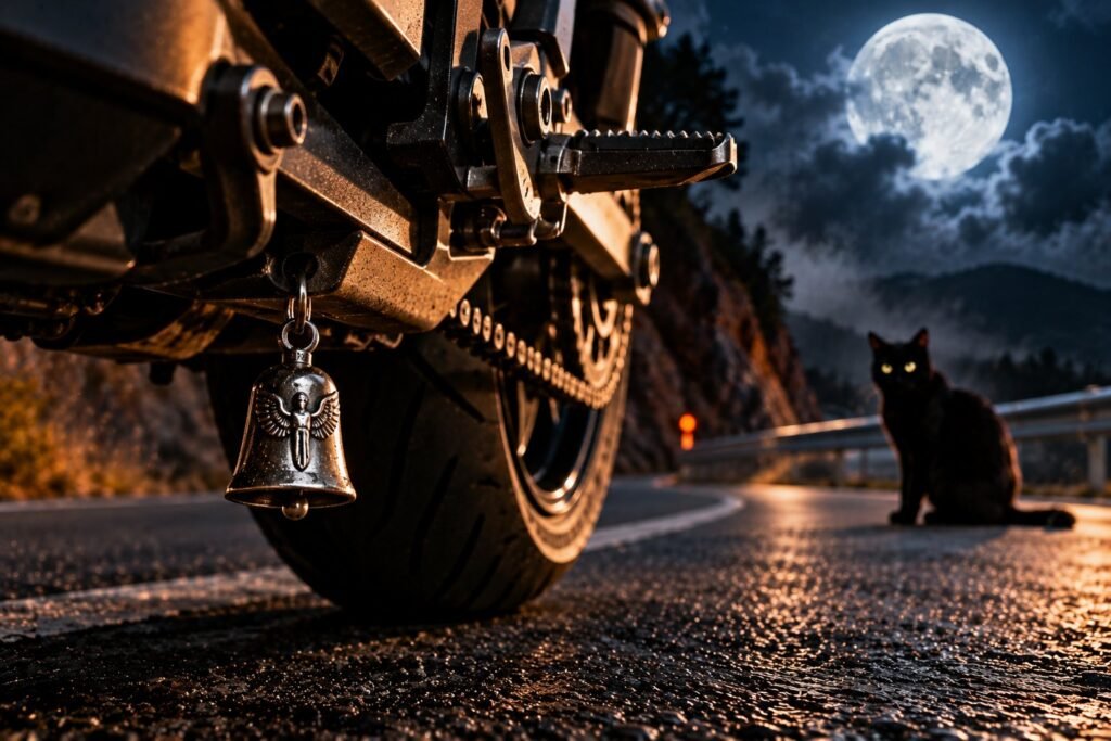 Campanita Guardian Bell colgada bajo una moto, con un gato negro sentado al fondo en la carretera de noche