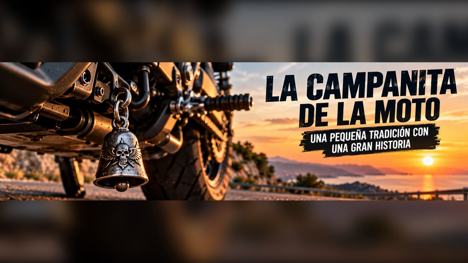 Campana Guardian Bell colgada de una moto al atardecer, con el título La campanita de la moto