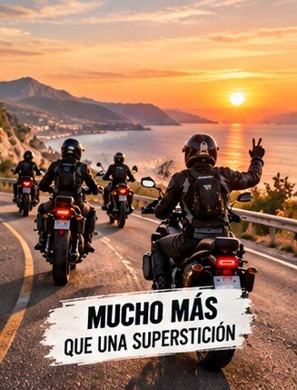 Grupo de motoristas en ruta junto al mar al atardecer, uno saluda con la V
