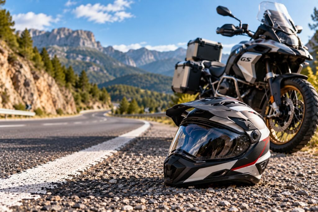 Casco de moto apoyado en el suelo del arcén junto a una moto trail parada en una carretera de montaña