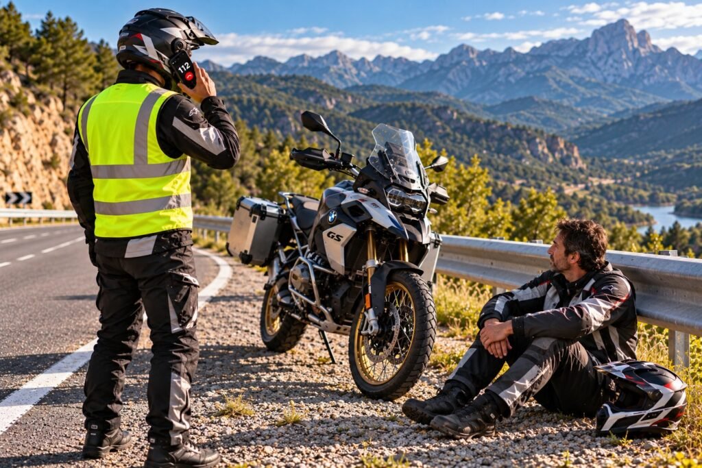 Motorista con chaleco reflectante llamando al 112 junto a otro motero sentado al lado de su moto