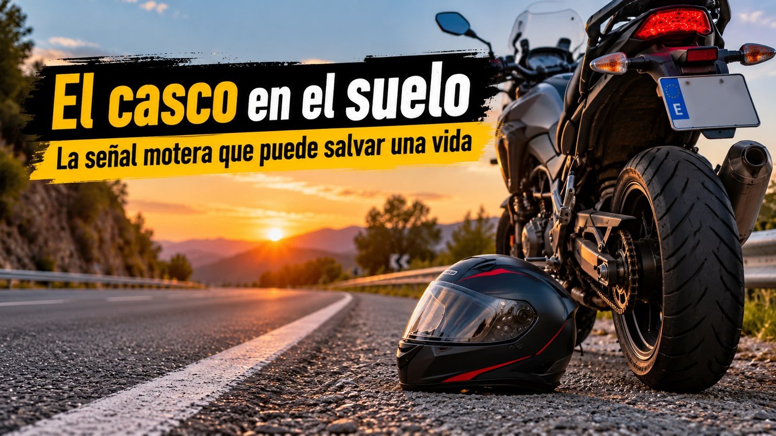 Moto parada en el arcén al atardecer con un casco en el suelo y el título El casco en el suelo
