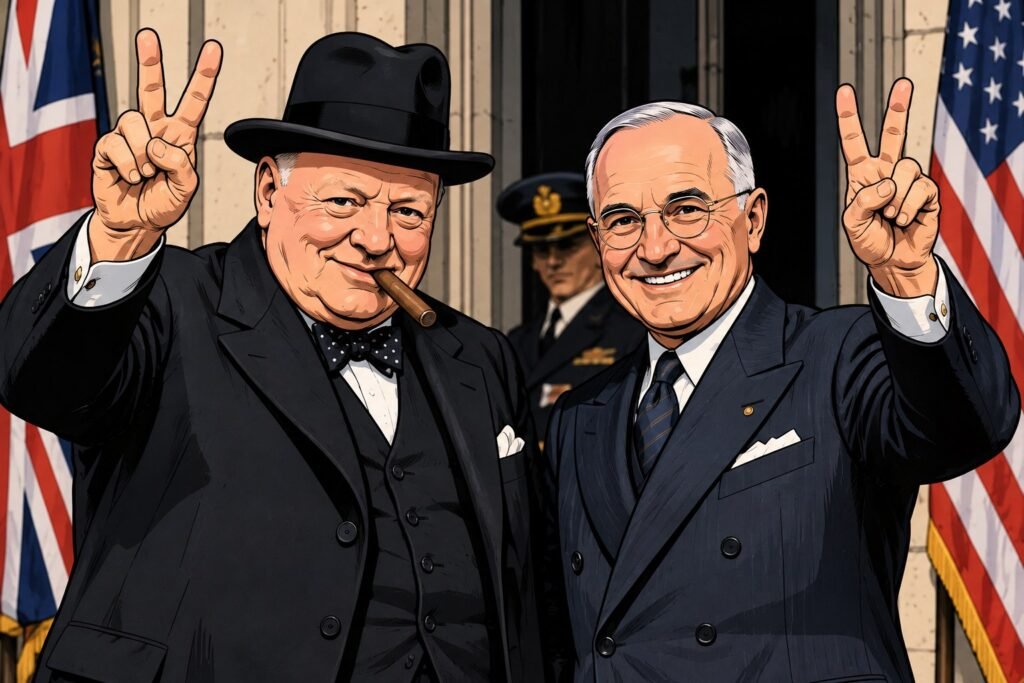 Ilustración de Winston Churchill y Harry Truman haciendo la V de la victoria