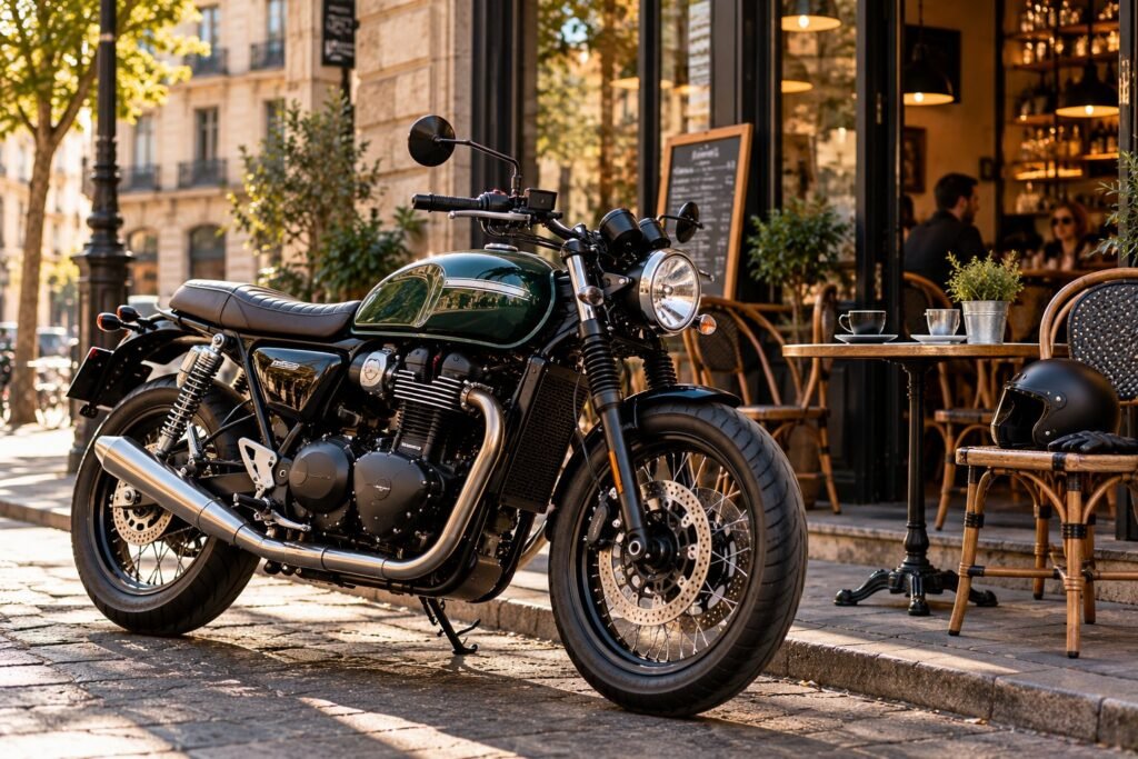 Moto clásica de estilo británico verde aparcada frente a la terraza de un café, con un casco jet en la silla