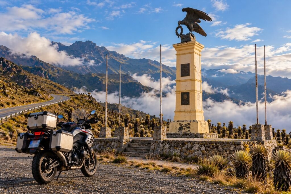 Moto trail junto al monumento con un ave en lo alto en un paso de alta montaña rodeado de frailejones y nubes