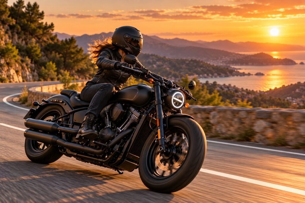 Motorista en una custom negra de estilo bobber por una carretera de costa al atardecer