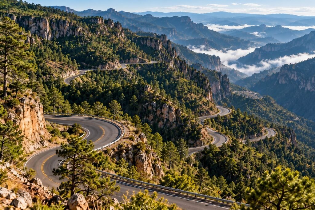 Carretera de montaña con curvas enlazadas entre pinos, crestas de roca y barrancos con niebla
