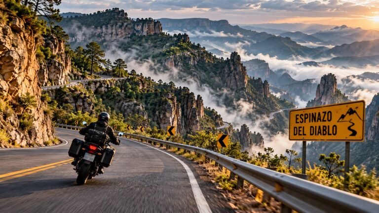 Moto en la carretera del Espinazo del Diablo, con un cartel amarillo, curvas, crestas de roca y niebla al atardecer