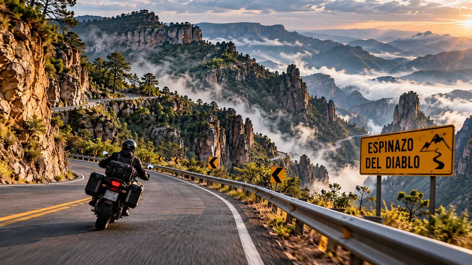 Moto en la carretera del Espinazo del Diablo, con un cartel amarillo, curvas, crestas de roca y niebla al atardecer