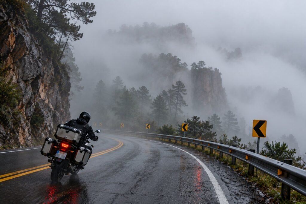 Moto trail circulando por una curva mojada de montaña con niebla densa y señales de curva