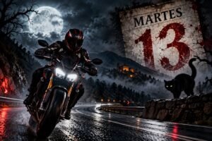 Motorista en una carretera de montaña de noche con luna llena, un calendario de martes 13 y un gato negro