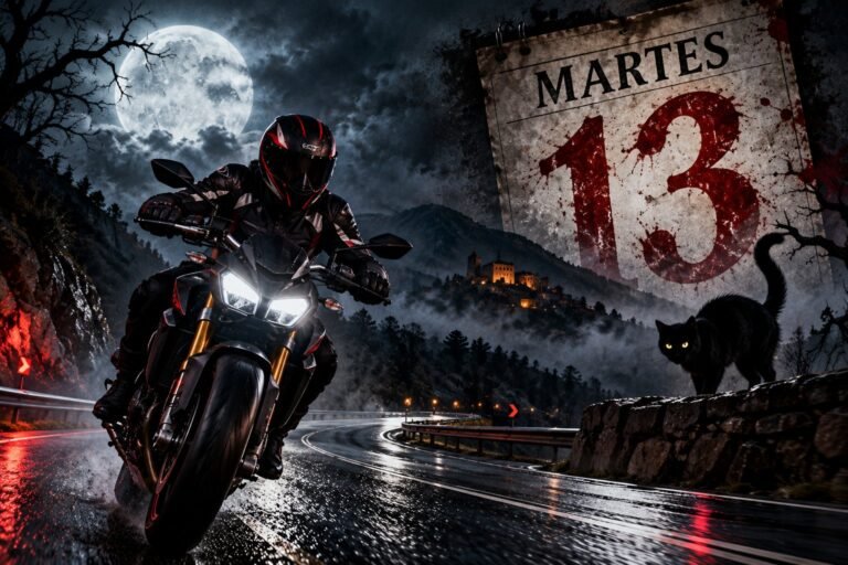 Motorista en una carretera de montaña de noche con luna llena, un calendario de martes 13 y un gato negro