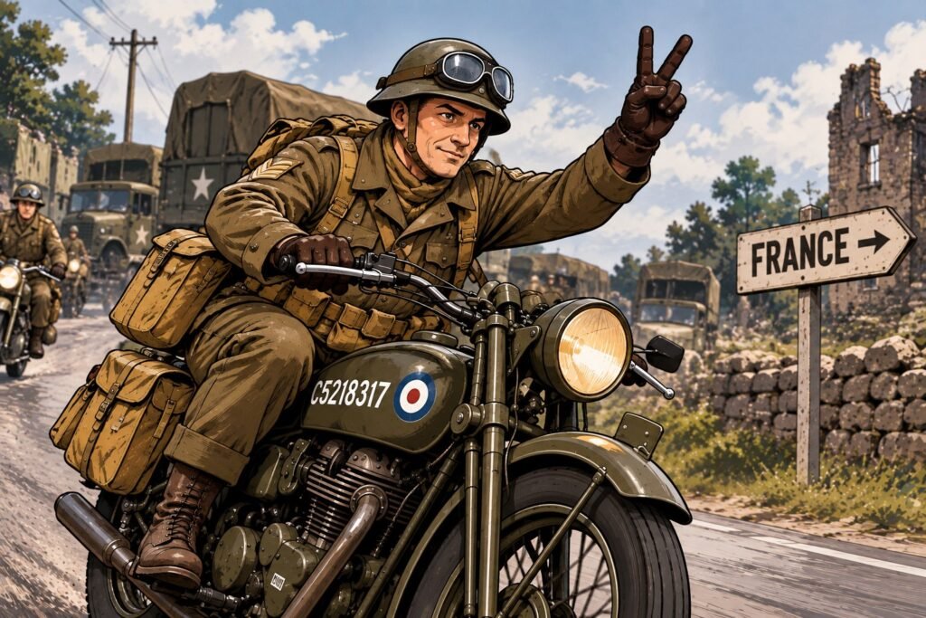 Ilustración de un mensajero militar británico en moto saludando con la V