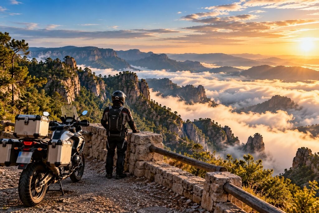 Motorista junto a su moto trail en un mirador de piedra, contemplando un mar de nubes entre crestas al amanecer