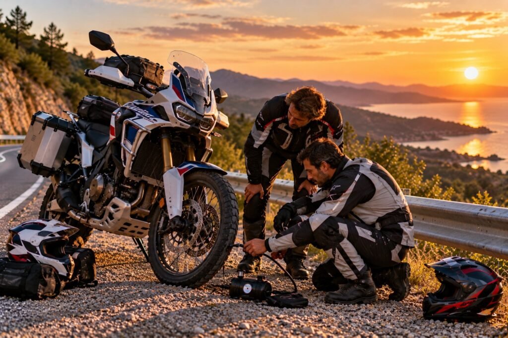 Dos moteros al atardecer arreglando un pinchazo con un compresor en el arcén