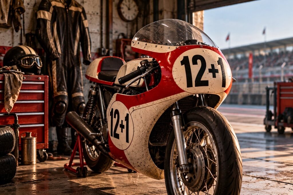 Moto de carreras clásica con el dorsal 12+1 en el carenado, en un box antiguo