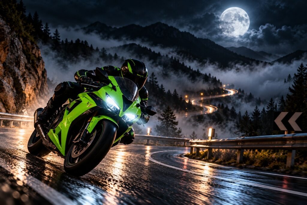 Moto deportiva verde lima tumbando en una curva de montaña de noche, con luna llena y niebla