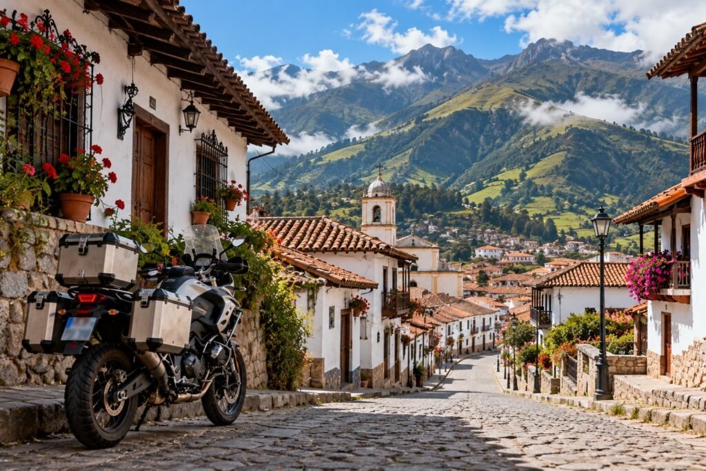 Moto trail aparcada en una calle empedrada de un pueblo andino con casas blancas, tejados rojos y montañas al fondo
