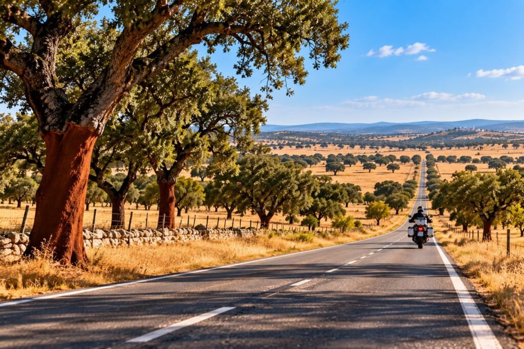 Moto en una larga recta de la N2 entre alcornoques en el Alentejo