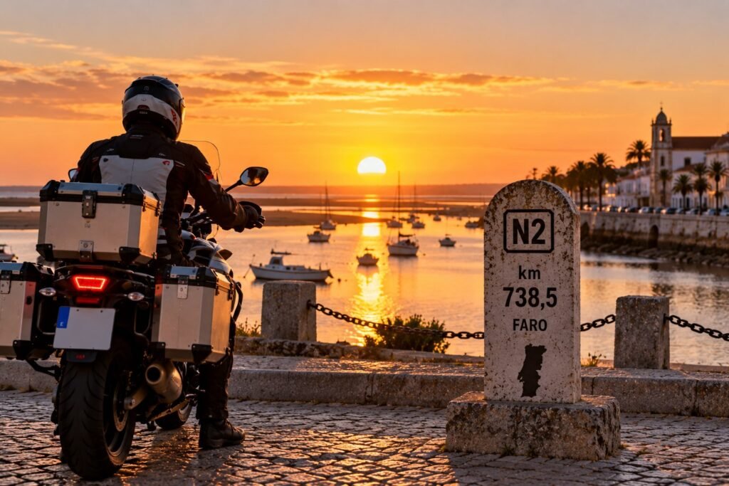 Motorista junto al hito del km 738,5 de la N2 en Faro, al atardecer frente a la ría