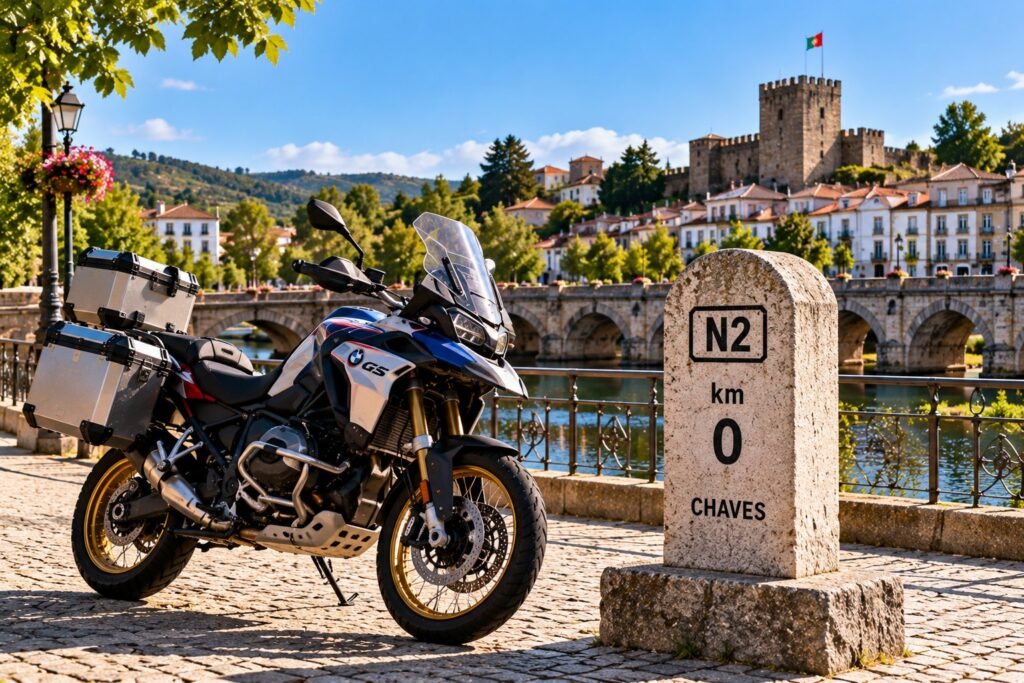 Moto trail aparcada junto al hito del km 0 de la N2 en Chaves, con el puente romano y el castillo al fondo