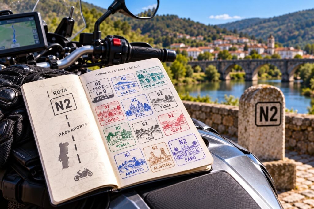 Pasaporte de la N2 abierto con sellos de los municipios de la ruta, apoyado sobre el depósito de una moto