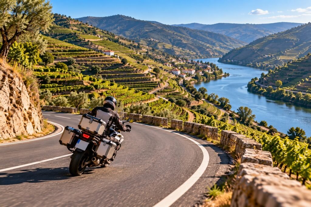 Motorista recorriendo una curva de la N2 entre viñedos en terrazas sobre el río Duero
