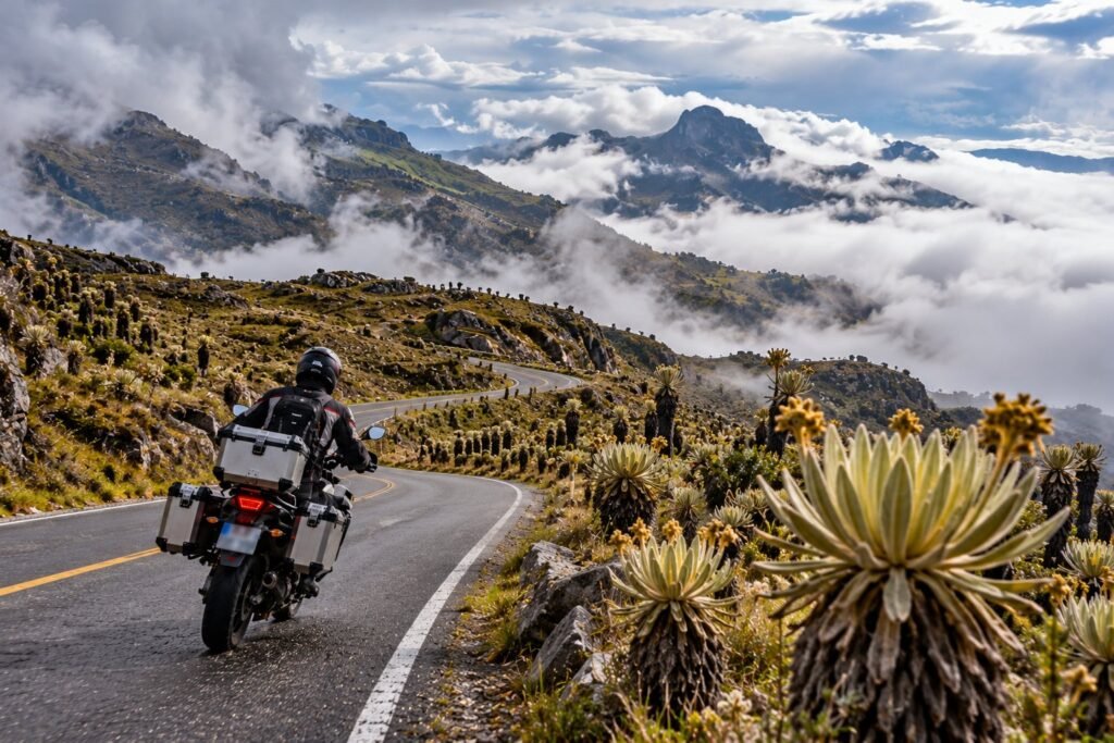 Motorista por una carretera del páramo entre frailejones, con nubes bajas y montañas