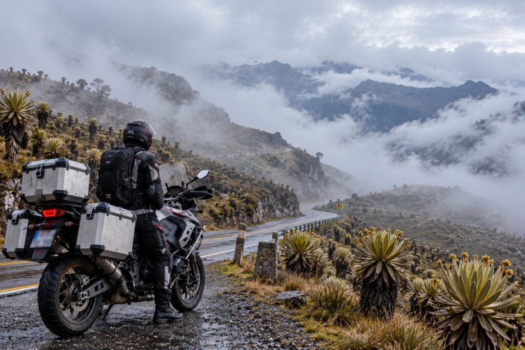 Motorista parado junto a su moto en una carretera mojada del páramo con niebla y frailejones