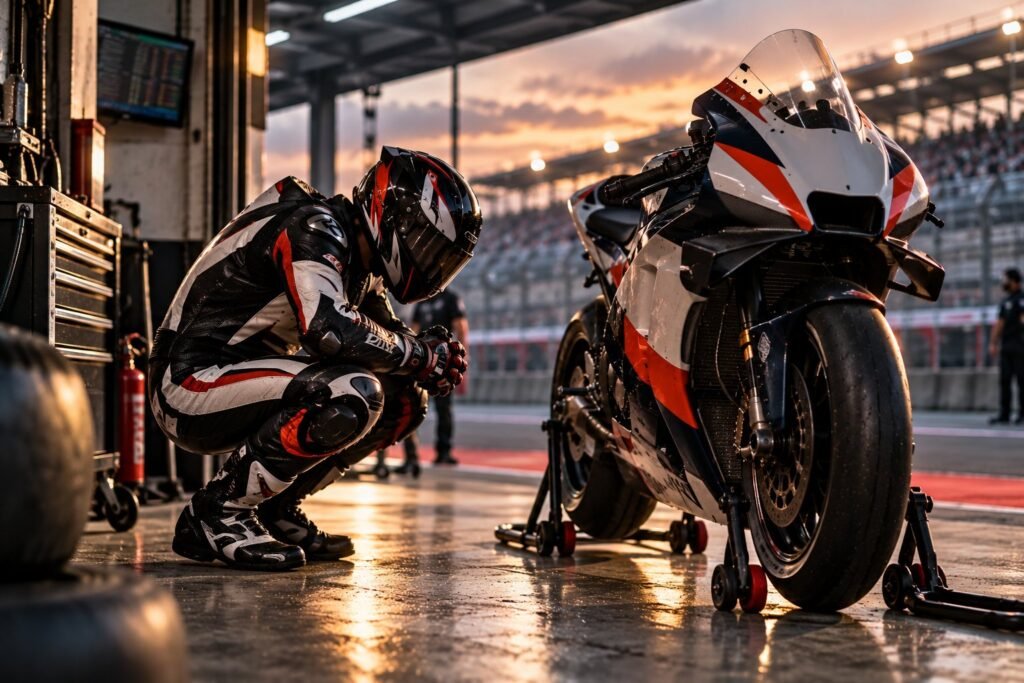 Piloto agachado junto a su moto de carreras en el box, concentrándose antes de salir a pista