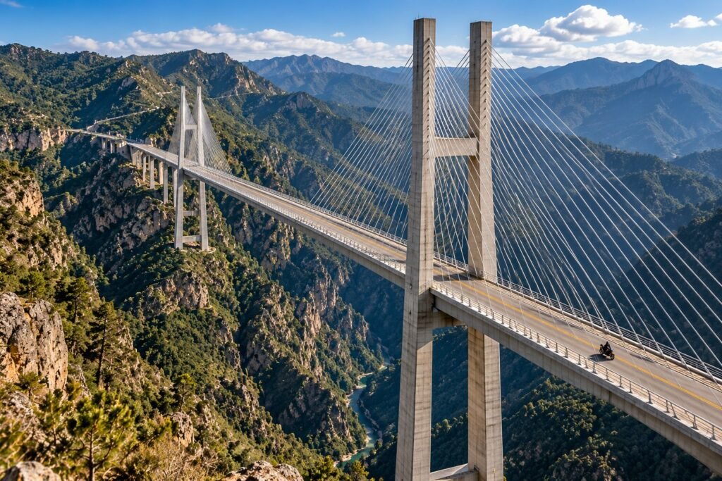 Moto cruzando un gran puente atirantado muy alto sobre un barranco de la sierra
