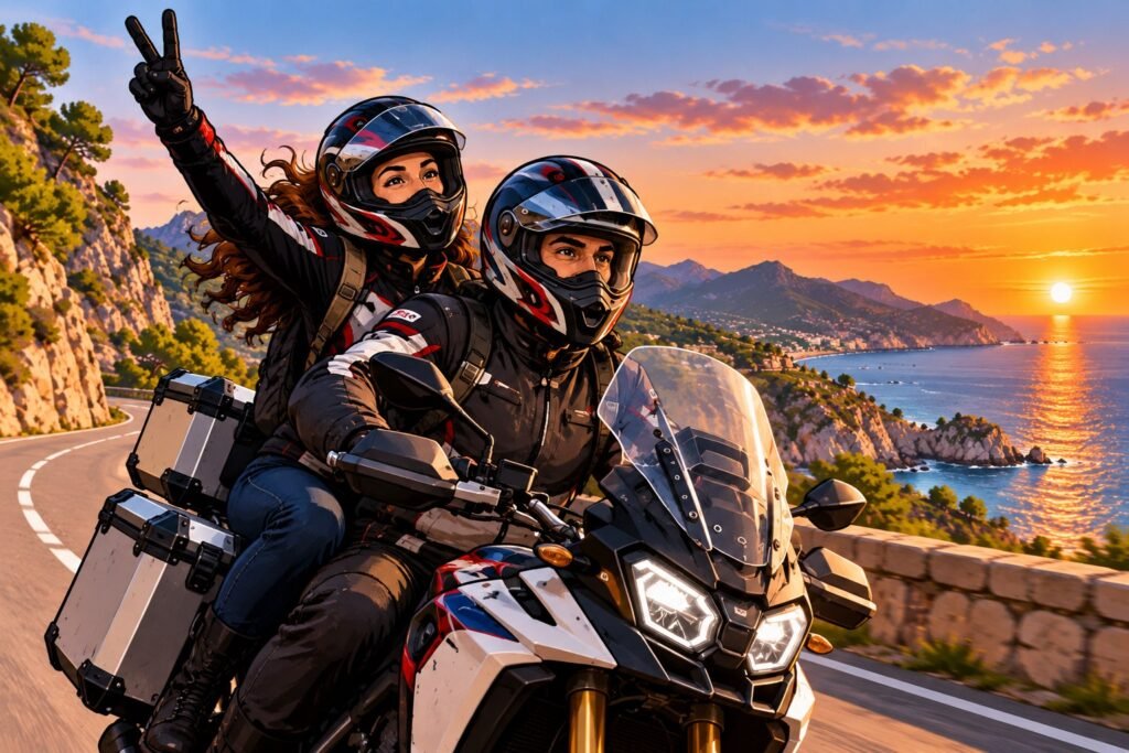 Ilustración de una pareja en moto por una carretera de costa al atardecer; la pasajera saluda con la V