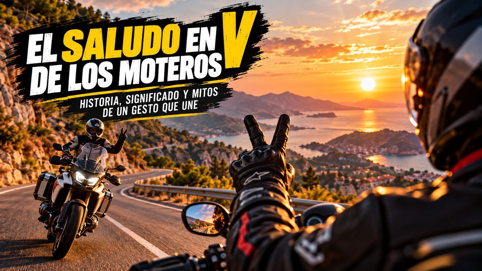 Motorista saludando con la V a otro en una carretera de costa al atardecer, con el título El saludo en V de los moteros