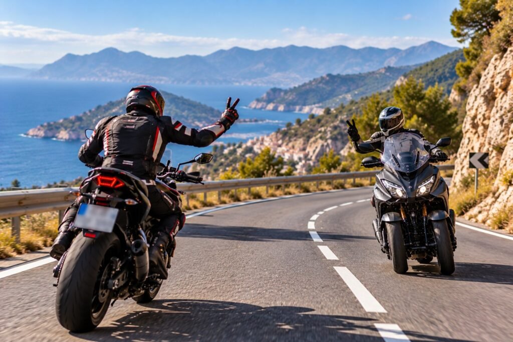 Motorista de una naked y conductor de un scooter de tres ruedas haciéndose el saludo en V en una carretera de costa