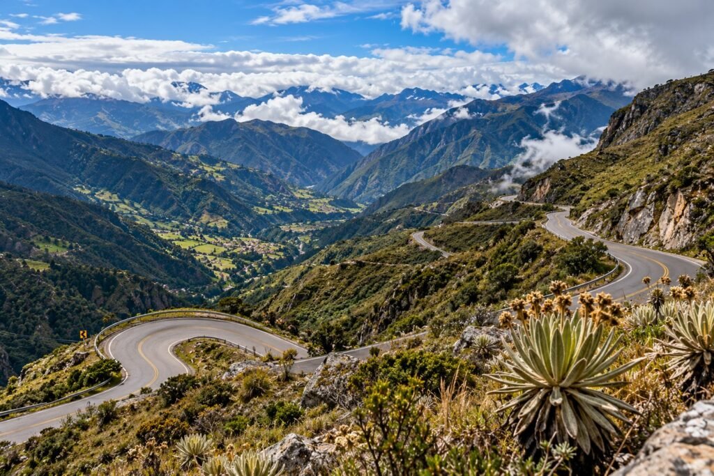 Carretera de curvas atravesando los Andes merideños, con valles verdes, frailejones y montañas