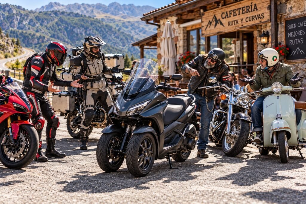 Moteros de deportiva, trail, custom y Vespa discutiendo alrededor de un scooter de tres ruedas frente a una cafetería
